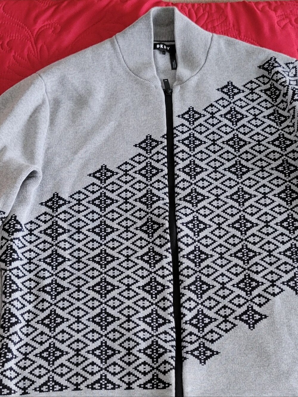 DKNY Gray Zip-Up Sweater with Black Geometric Pattern - Mens - Size Large